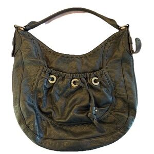 Y2K B. Makowsky Black Leather Slouchy Hobo Bag Leopard Lining Early 2000's